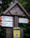 Tourist trail board signs on the top of Lysica, Swietokrzyskie Mountains, Poland . Royalty Free Stock Photo